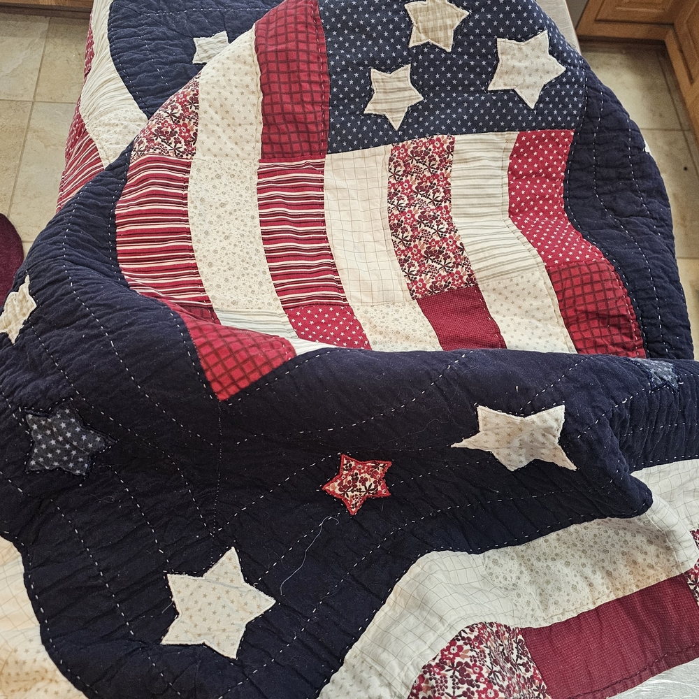 60 X 52" Patriotic Patchwork Quilt - Red, White, and Blue With Tabs For Hanging